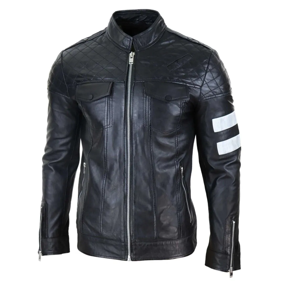 Men's Leather Racing Jacket Biker Zipped Napa Stripes Black White