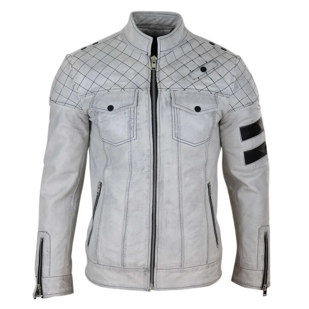 Men's Leather Racing Jacket Biker Zipped Napa Stripes Black White