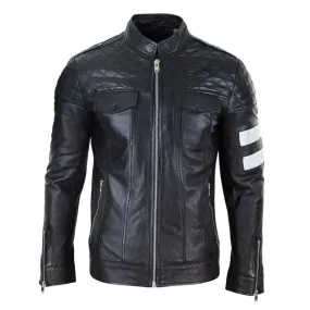 Men's Leather Racing Jacket Biker Zipped Napa Stripes Black White