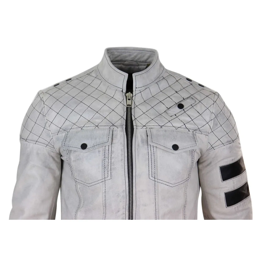 Men's Leather Racing Jacket Biker Zipped Napa Stripes Black White