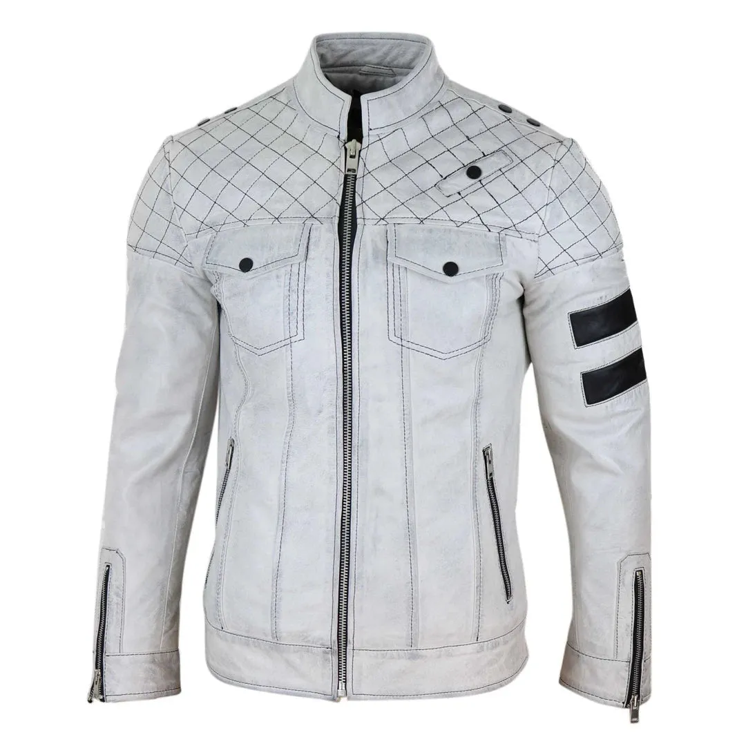 Men's Leather Racing Jacket Biker Zipped Napa Stripes Black White