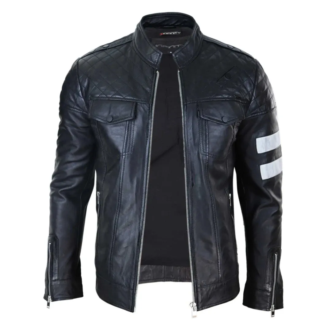 Men's Leather Racing Jacket Biker Zipped Napa Stripes Black White