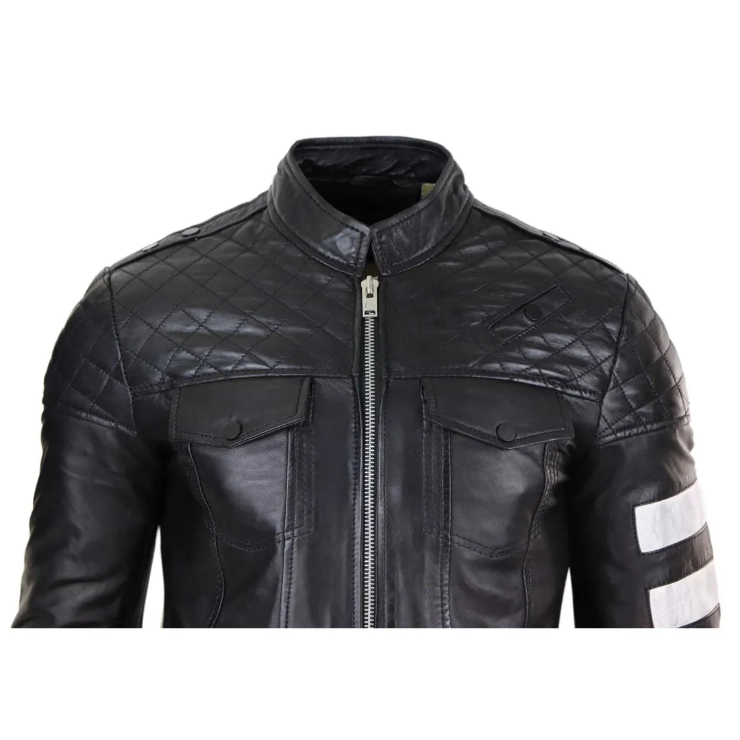 Men's Leather Racing Jacket Biker Zipped Napa Stripes Black White