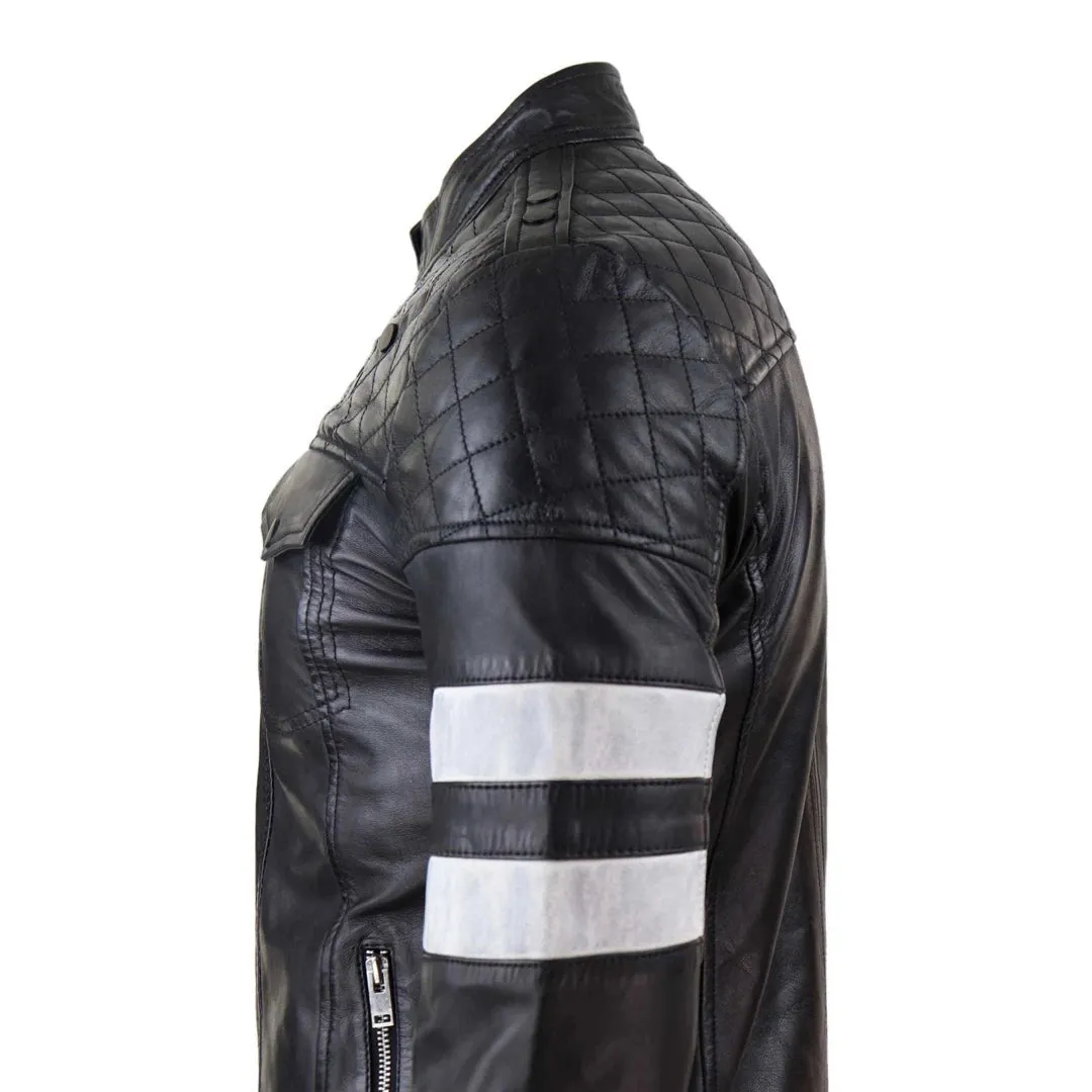 Men's Leather Racing Jacket Biker Zipped Napa Stripes Black White