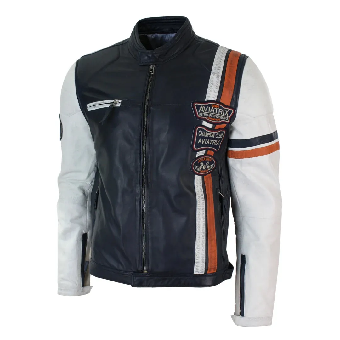 Men's Navy Blue White Leather Biker Jacket Badge