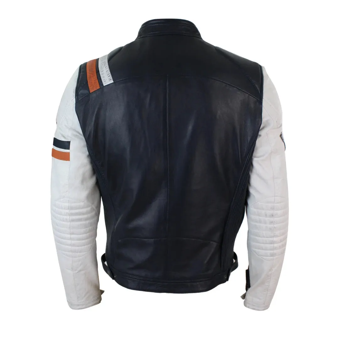 Men's Navy Blue White Leather Biker Jacket Badge