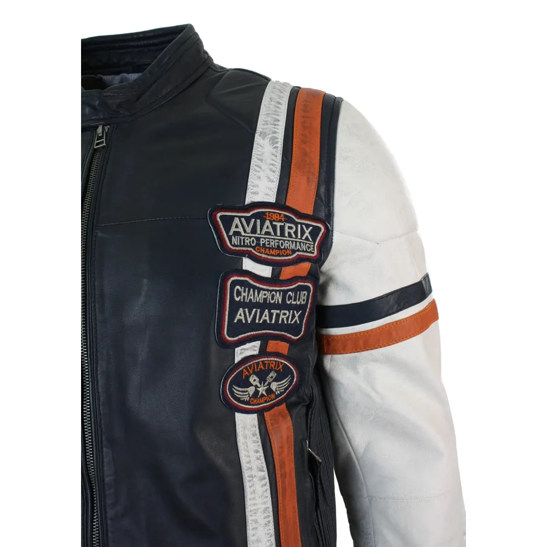 Men's Navy Blue White Leather Biker Jacket Badge