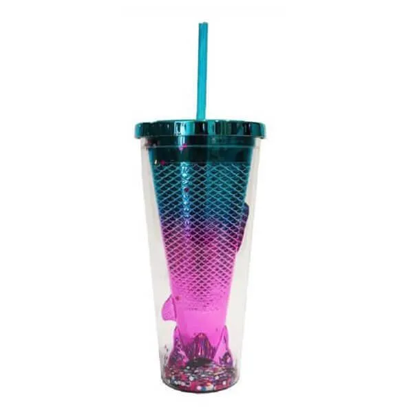 Mermaid Sipper Water Bottle With Straw Blue (350ml)