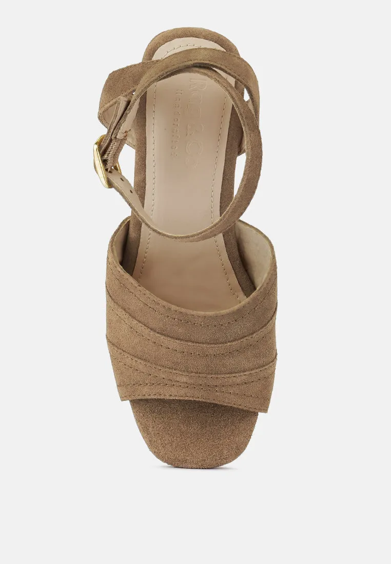 MON-BEAU Fine Suede Block Heeled Sandal in Tan