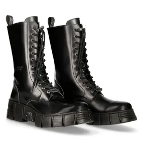 New Rock M-WALL027N-C2 Boots Black Leather Wall Rock Biker Mid-Calf Tower Boots