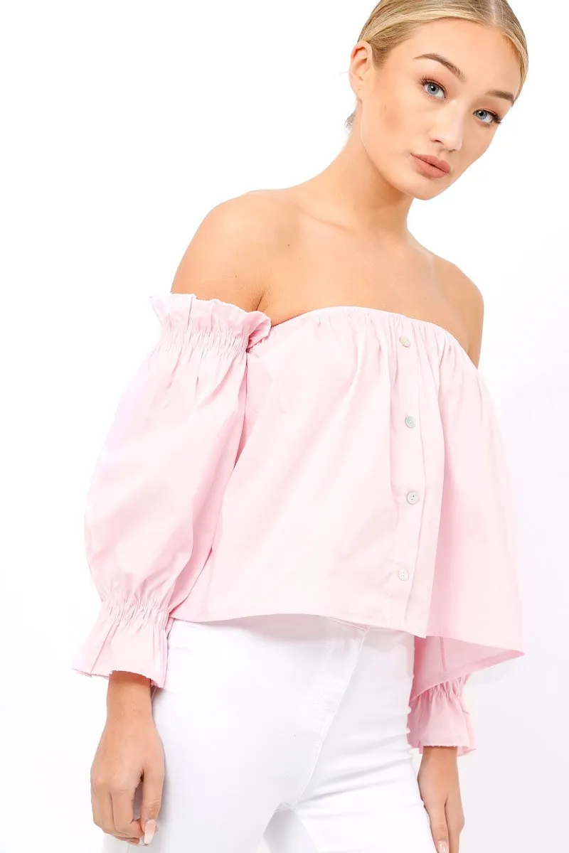 Pink Button Up Bardot Crop Top - LuLu