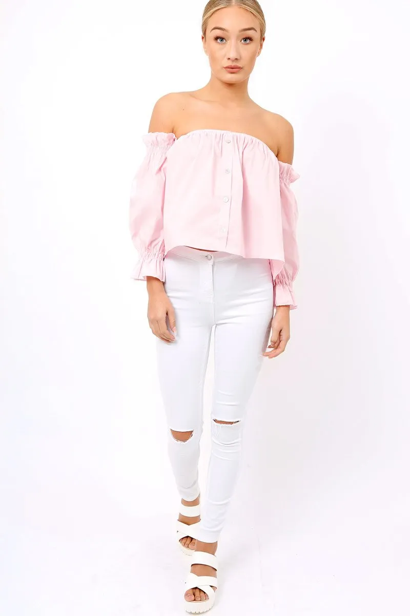 Pink Button Up Bardot Crop Top - LuLu