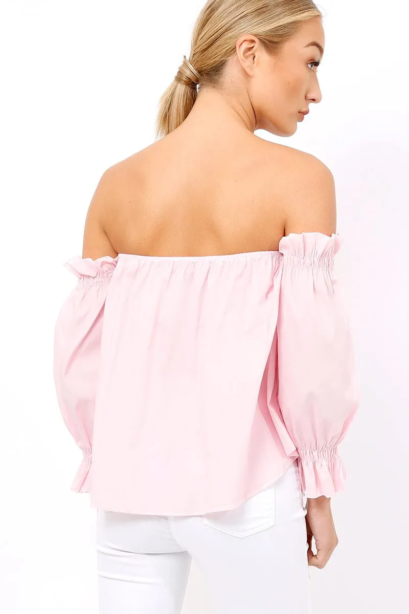 Pink Button Up Bardot Crop Top - LuLu