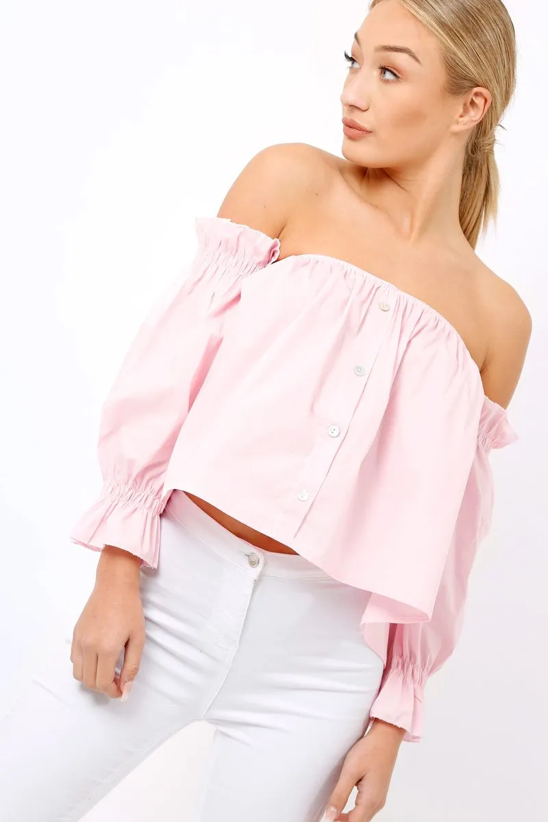 Pink Button Up Bardot Crop Top - LuLu