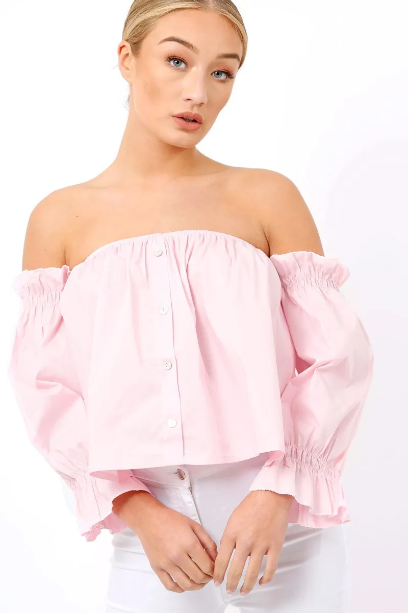 Pink Button Up Bardot Crop Top - LuLu