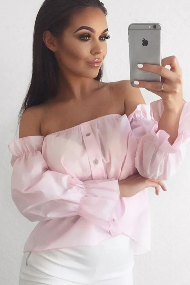 Pink Button Up Bardot Crop Top - LuLu