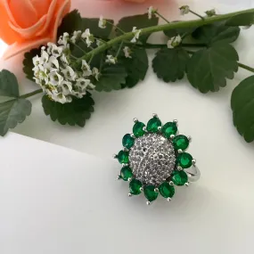 Salvanity Fashion Jewelry - Emerald Sunflower Finger Ring - American Diamonds, adjustable