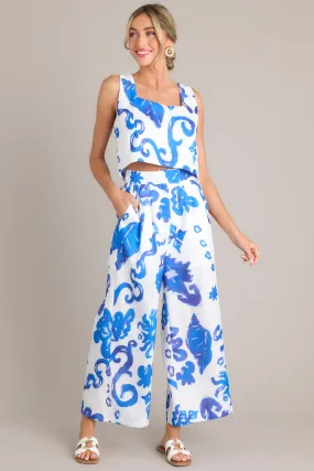 Sundrenched Escapes Blue & White Tropical Print Pants