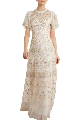 White Sweet Petal Short Sleeves Embroidered Gown