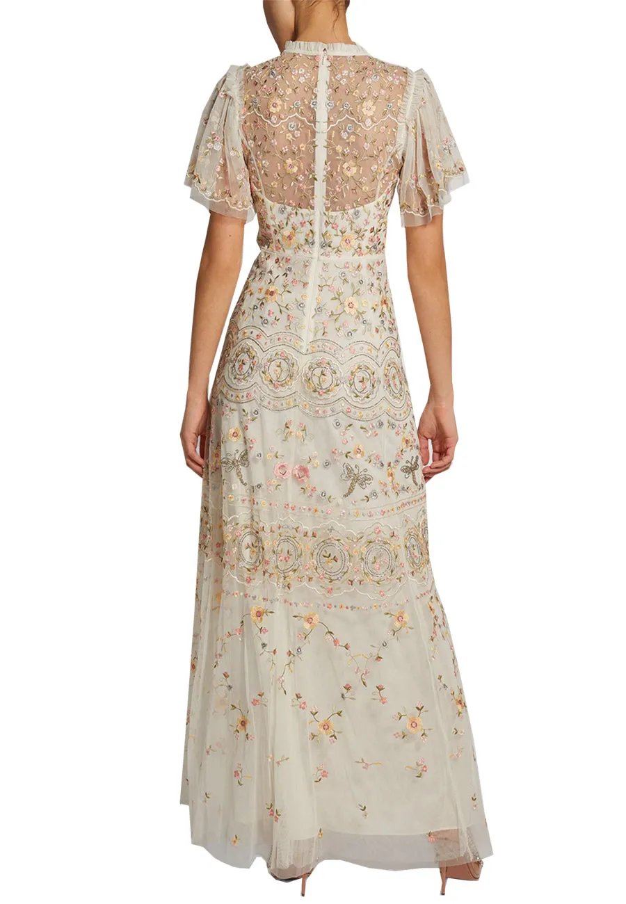 White Sweet Petal Short Sleeves Embroidered Gown