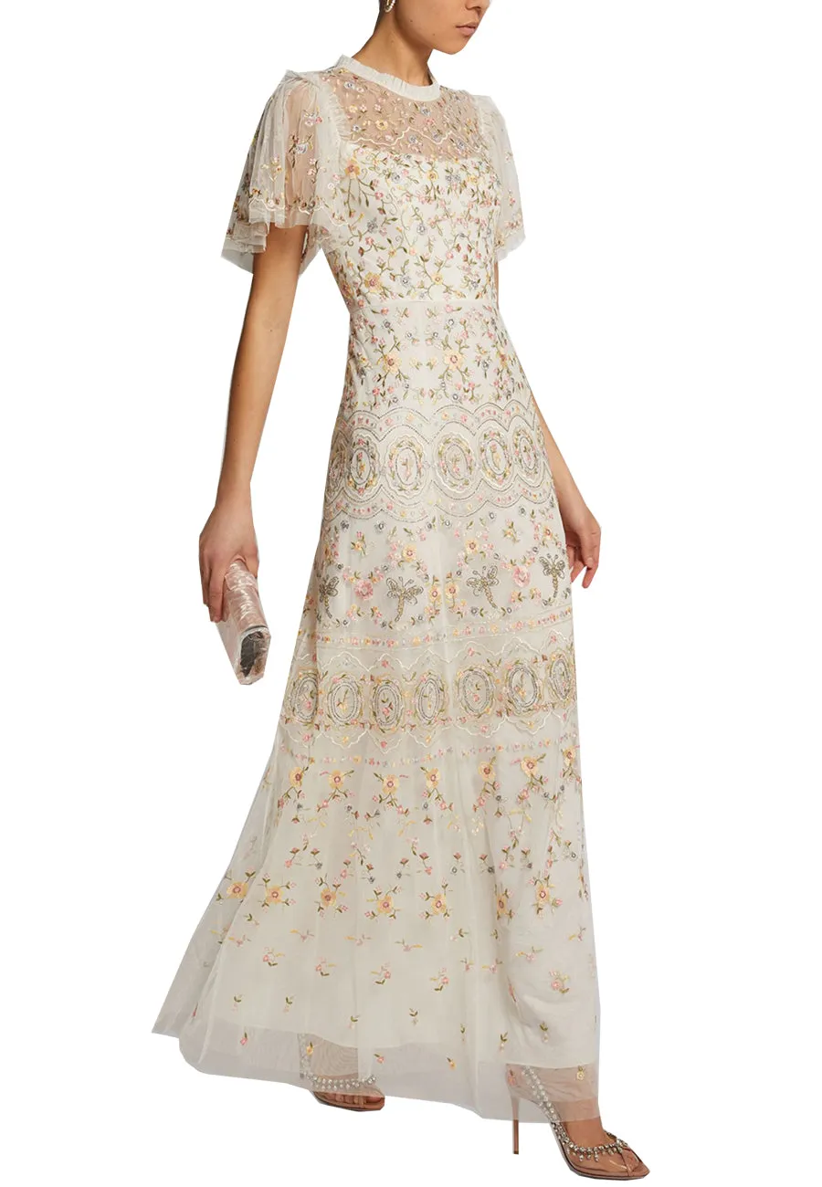 White Sweet Petal Short Sleeves Embroidered Gown